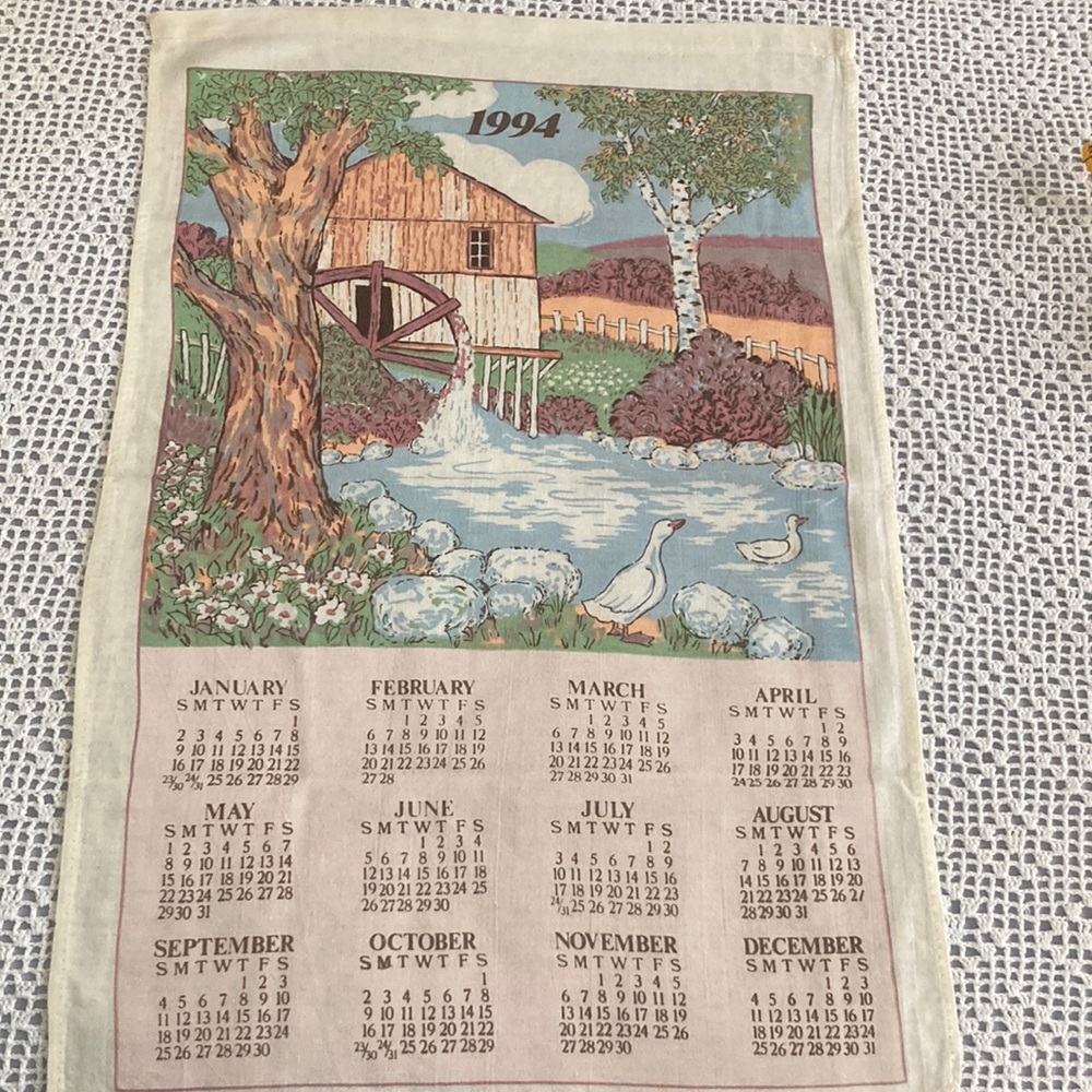 1994 Vintage cloth calendar1994 Water Wheel Fishing About 22” By 16”